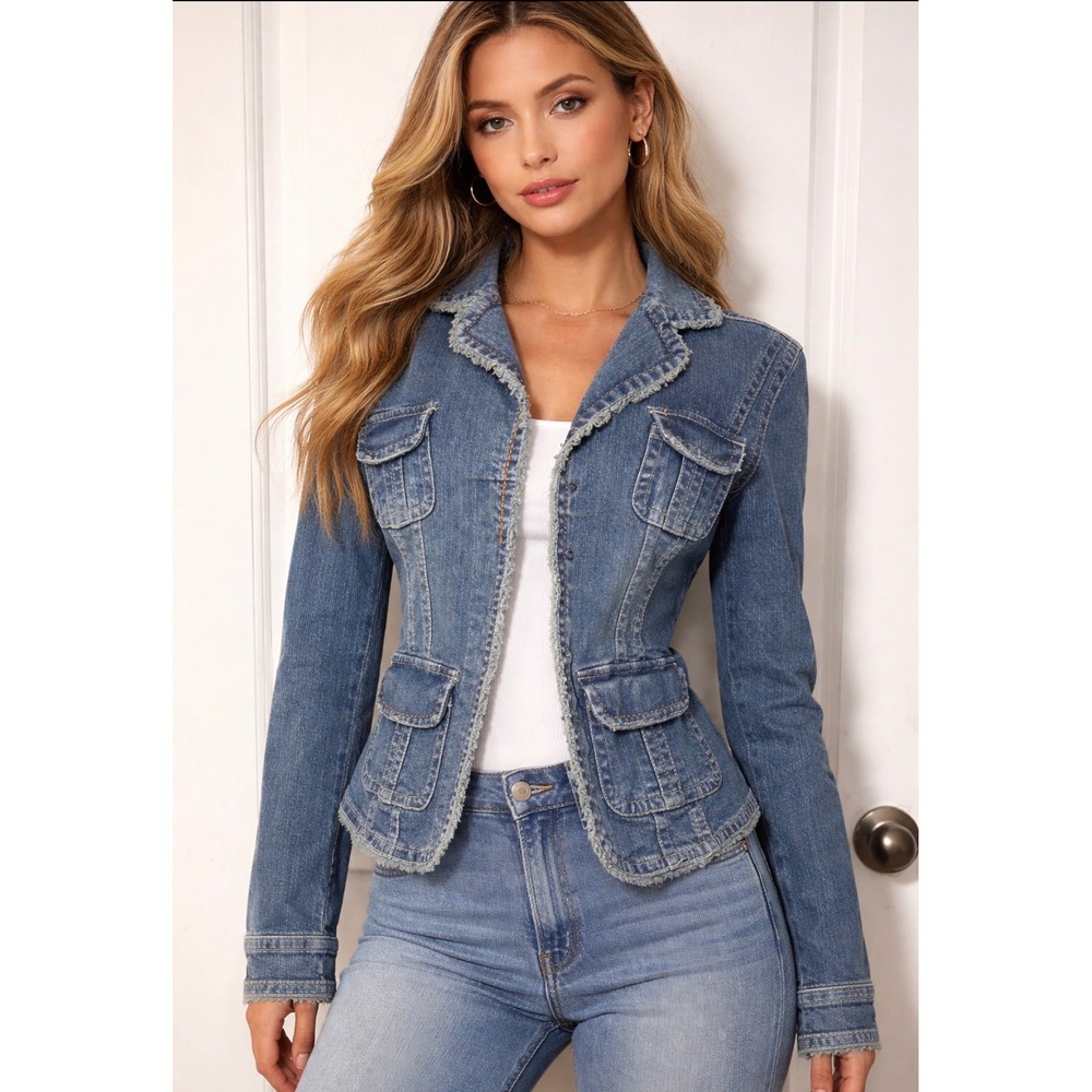 Live a Little Vintage Womens Denim Jacket Medium Wash Frayed Trim Blazer-Size M